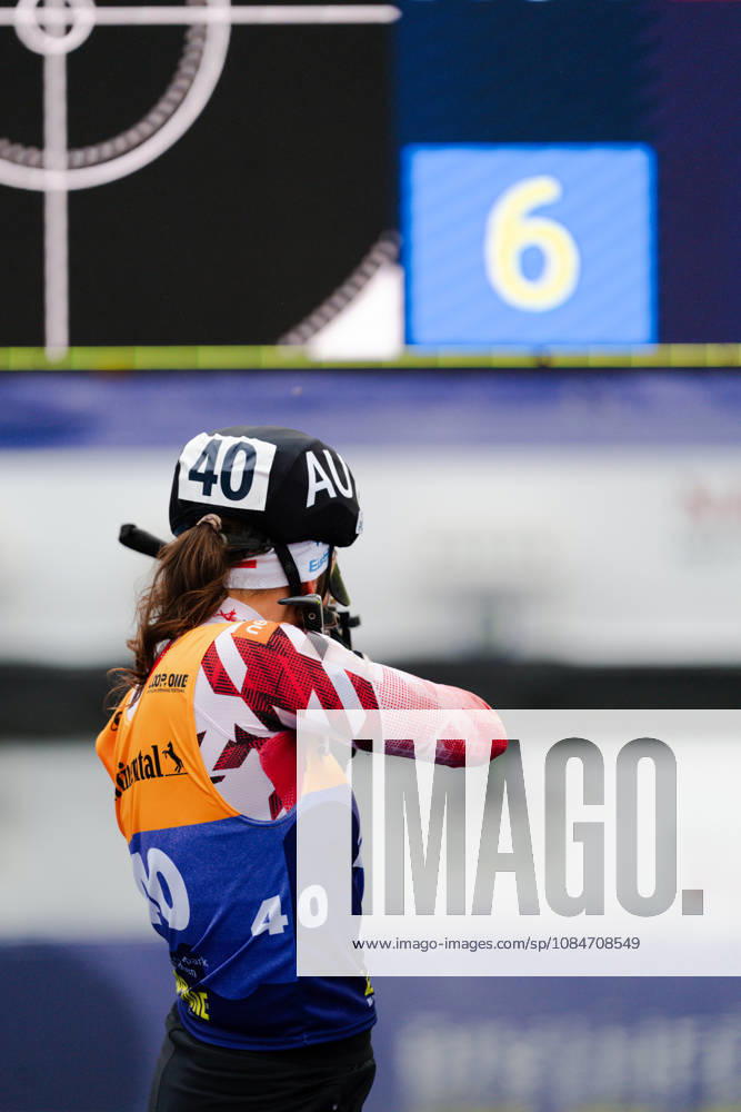 GER, Biathlon, Women, IBU Biathlon Loop One Festival 2026, 2026–2027 Season, Women’s Super Sprint Qualification Heat 1–4, Dunja Zdouc (AUT), age 40, standing at the shooting range during warm-ups, Munich Olympic Park, Bavaria, Germany