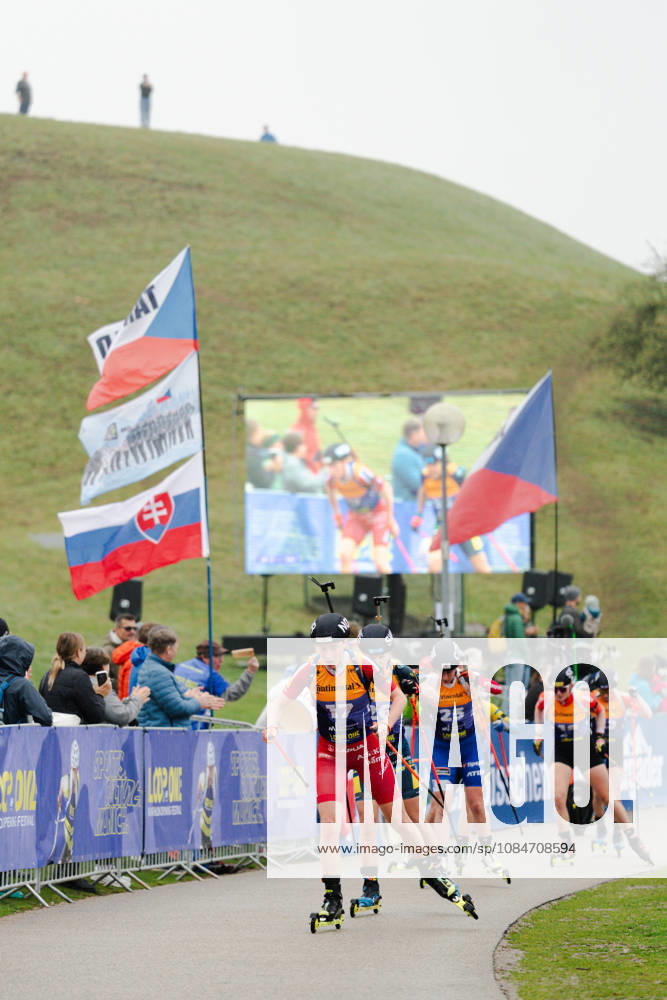 GER, Biathlon, Women, IBU Biathlon Loop One Festival 2026, 2026–2027 Season, Women’s Super Sprint Qualification, Heat 1: 4 Maren Kirkeeide (NOR), 17, Lucie Charvatova (CZE), 20, Jessica Jislova (CZE), 25, at the curve in Munich’s Olympic Park, Bavaria, Germany