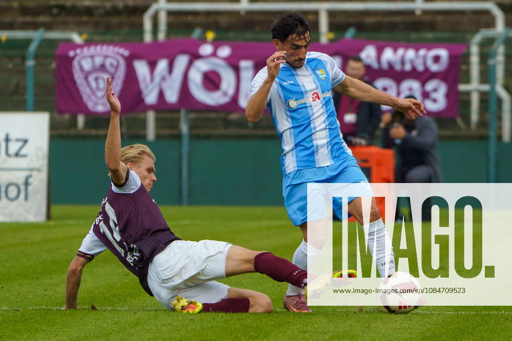 Pictured: Joey Breitfeld (BFC Dynamo), 14, Domenico Alberico (Chemnitzer FC), 10, tackle, August 10, 2026, BFC Dynamo vs. Chemnitzer FC, Northeast Regional League, 2026–27 season, Sportforum Hohenschoenhausen