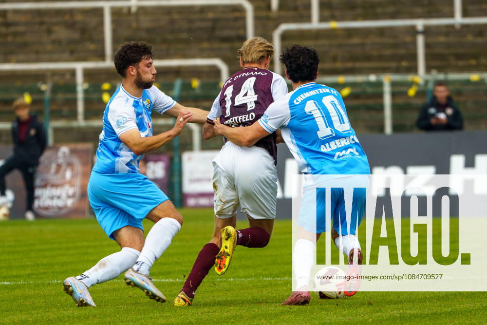 Pictured: Joey Breitfeld (BFC Dynamo), 14, Domenico Alberico (Chemnitzer FC), 10, tackle, August 10, 2026, BFC Dynamo vs. Chemnitzer FC, Northeast Regional League, 2026–27 season, Sportforum Hohenschoenhausen