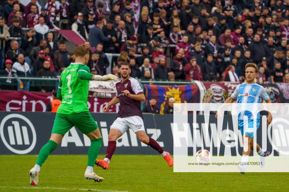 Pictured: Paul Hainke (BFC Dynamo, 1) and Maximilian Fesser (Chemnitzer FC, 17) on October 18, 2026, BFC Dynamo vs. Chemnitzer FC, Regionalliga Nordost, 2026–27 season, Sportforum Hohenschoenhausen