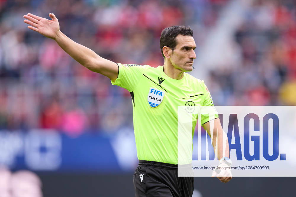 Referee Juan Martinez Munuera reacts during the LaLiga EA Sports match between CA Osasuna and Real Racing Club de Santander at El Sadar on October 18, 2026, in Pamplona, Spain. CA Osasuna V Racing De Santander - LaLiga EA Sports - ZUMAa181 20261018_zaa_a181_109