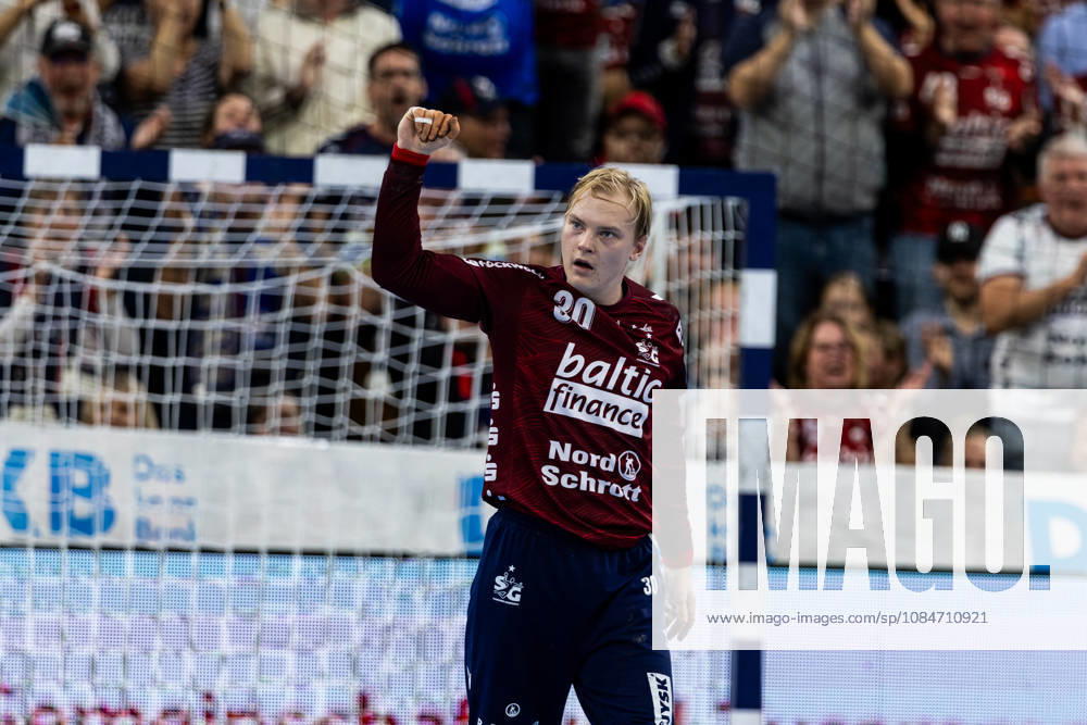 Opel HBL SG Flensburg Handewitt vs. Füchse Berlin, October 18, 2026—Celebration and joy as Simon Möller, No. 30, of SG Flensburg Handewitt saves the ball. Opel HBL SG Flensburg Handewitt vs. Füchse Berlin, GGW Arena