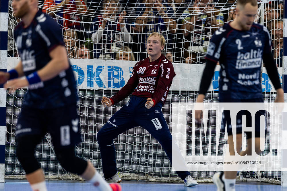 Opel HBL SG Flensburg Handewitt vs. Füchse Berlin, October 18, 2026—Celebration and joy as Simon Möller, No. 30, of SG Flensburg Handewitt saves the ball. Opel HBL SG Flensburg Handewitt vs. Füchse Berlin, GGW Arena