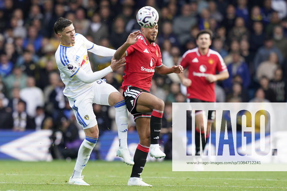 Leeds, England, 18th October 2026. Tarik Muharemovic of Leeds United and Youri Tielemans of Manchester United, ManU challenge for the ball during the Leeds United vs Manchester United Premier League match at Elland Road, Leeds. Picture credit should read: Andrew Yates Sportimage . SPI_052_AY_Leeds_Man_Utd SPI-5081-0052