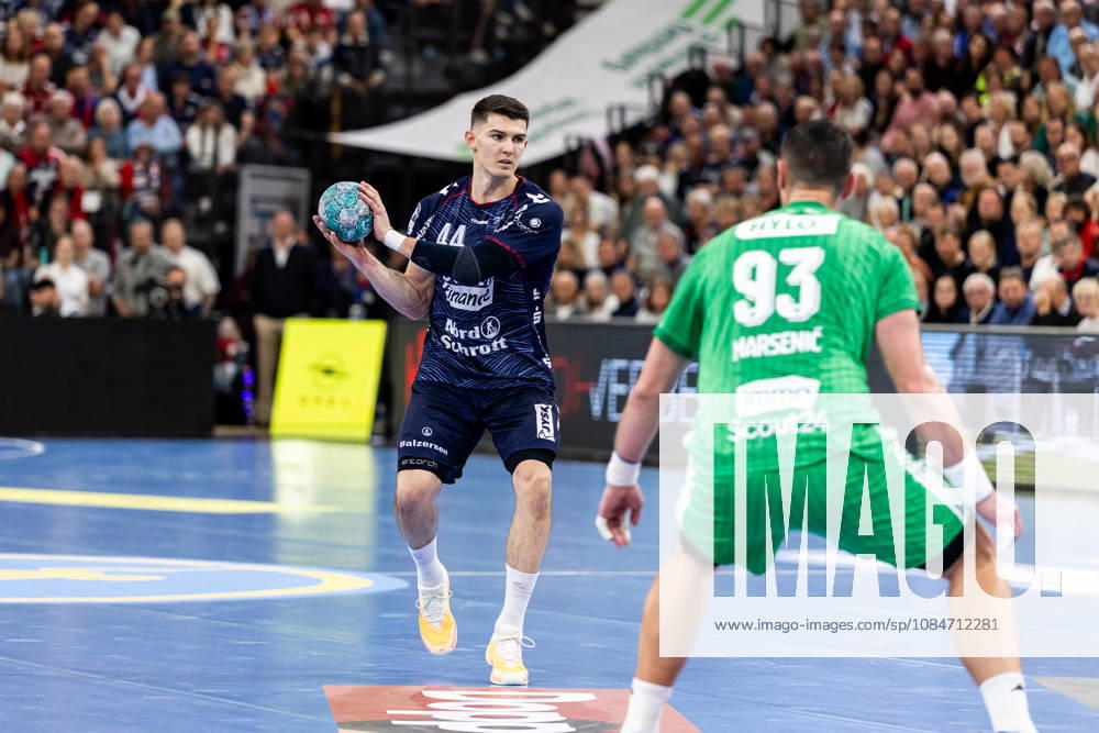 Opel HBL SG Flensburg Handewitt vs. Füchse Berlin, October 18, 2026, Aymeric Minne No. 44, SG Flensburg Handewitt vs. Mijajlo Marsenic No. 93, Füchse Berlin Opel HBL SG Flensburg Handewitt vs. Füchse Berlin, GGW Arena on October 18, 2026