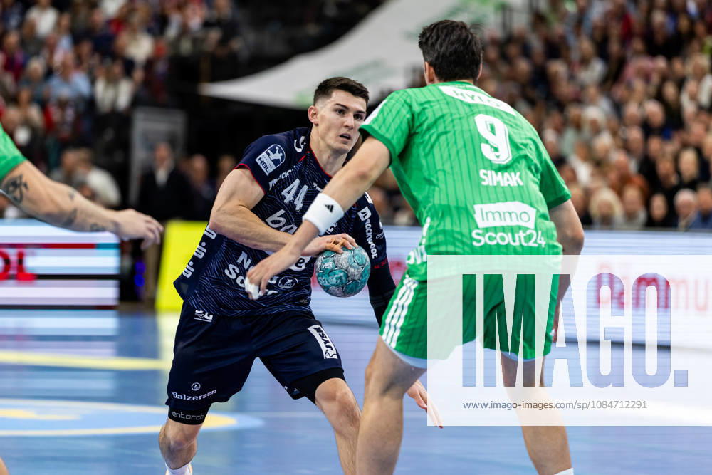 Opel HBL SG Flensburg Handewitt vs. Füchse Berlin, October 18, 2026, Aymeric Minne No. 44, SG Flensburg Handewitt vs. Frederik Simak No. 09, Füchse Berlin Opel HBL SG Flensburg Handewitt vs. Füchse Berlin, GGW Arena on October 18, 2026