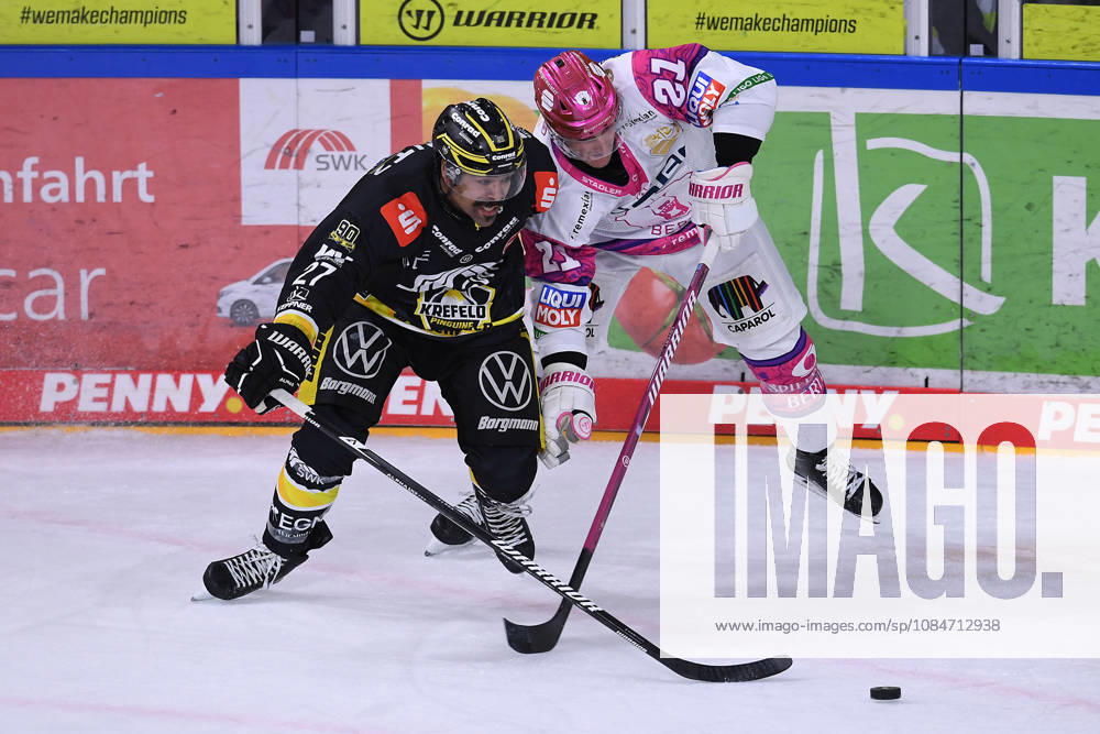 Ice Hockey Penny DEL Matchday 10: Krefeld Pinguine vs. Eisbären Berlin on October 18, 2026, at the Yayla Arena in Krefeld; Clinston Joseph Robert C. J. Suess (Krefeld), on the left, Manuel Wiederer (Berlin); on the right, In accordance with the guidelines of the DEL (German Ice Hockey League), the publication and further use of the footage in electronic media and on devices of any kind during the game is not permitted. xRx