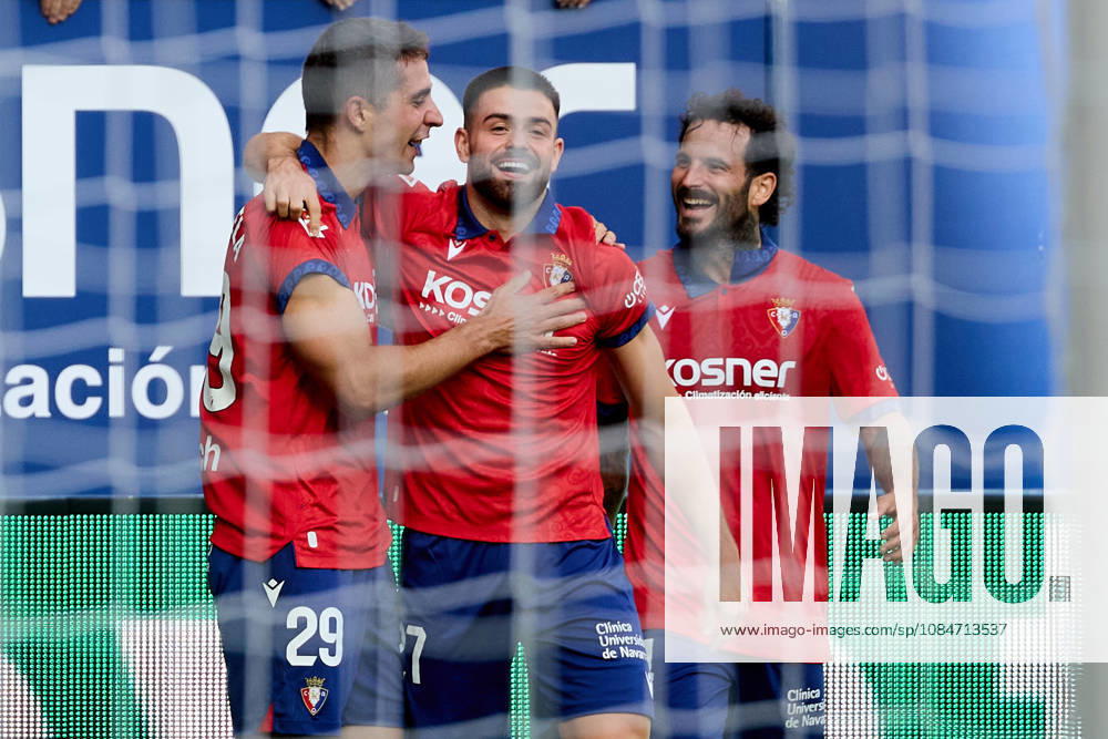 LaLiga EA Sports 2026-27: CA Osasuna vs. Racing de Santander—Asier Osambela (29, OSA L), Inigo Arguibide 27 OSA and Ruben Garcia 14 OSA R celebrate the goal scored by Asier Osambela 29 OSA for CA Osasuna (2–0) during the LaLiga EA Sports soccer match between CA Osasuna and Racing de Santander played at El Sadar Stadium in Pamplona, Spain on Oct. 18, 2026. Credit: Inigo Alzugaray, Agencia LOF, Pamplona. LaLiga EA Sports 2026 27 CA Osasuna vs. Racing de Santander