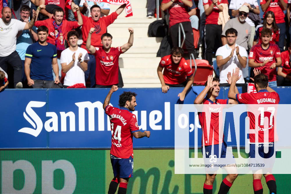 LaLiga EA Sports 2026-27 CA Osasuna vs. Racing de Santander Ruben Garcia 14 OSA L, Asier Osambela 29 OSA and Ante Budimir 17 OSA R celebrate the goal scored by Asier Osambela 29 OSA for CA Osasuna (2–0) during the LaLiga EA Sports soccer match between CA Osasuna and Racing de Santander played at El Sadar Stadium in Pamplona, Spain on Oct. 18, 2026. Credit: Inigo Alzugaray, Agencia LOF, Pamplona. LaLiga EA Sports 2026–27: CA Osasuna vs. Racing de Santander