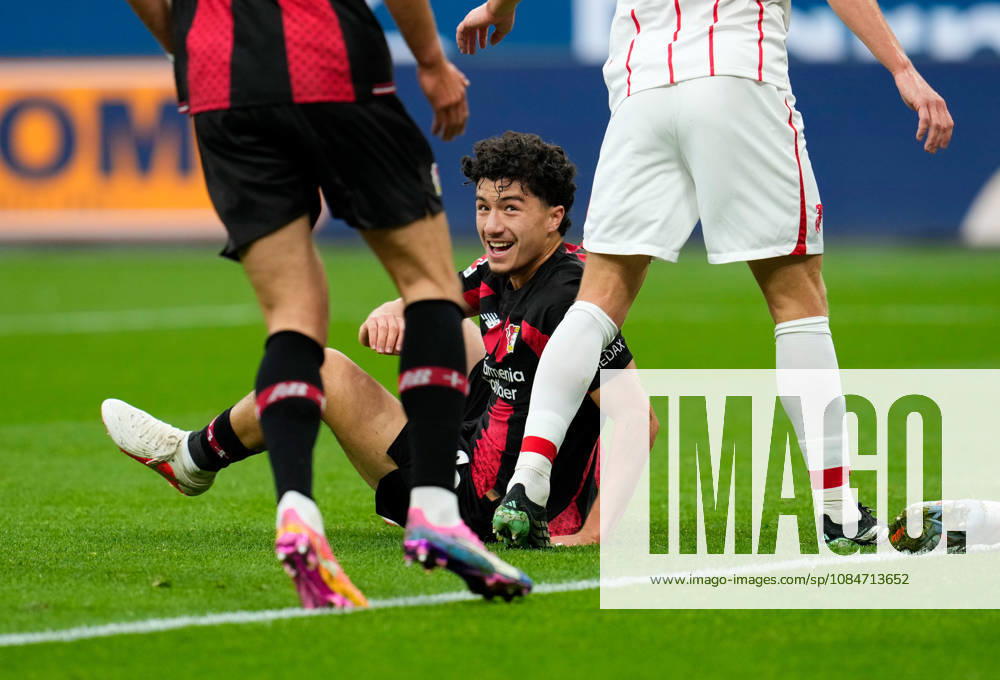 Ibrahim Maza of Bayer 04 Leverkusen, 30, looks up and celebrates after scoring a goal. GER, Bayer 04 Leverkusen vs. SC Freiburg, Bundesliga 1, Matchday 6, 2026–27 season, BayArena, Leverkusen, October 18, 2026. DFL regulations prohibit any use of photographs as image sequences and or quasi-video. Bayer 04 Leverkusen vs. SC Freiburg, Bundesliga 1, Matchday 6, 2026–27 season, October 18, 2026, Leverkusen