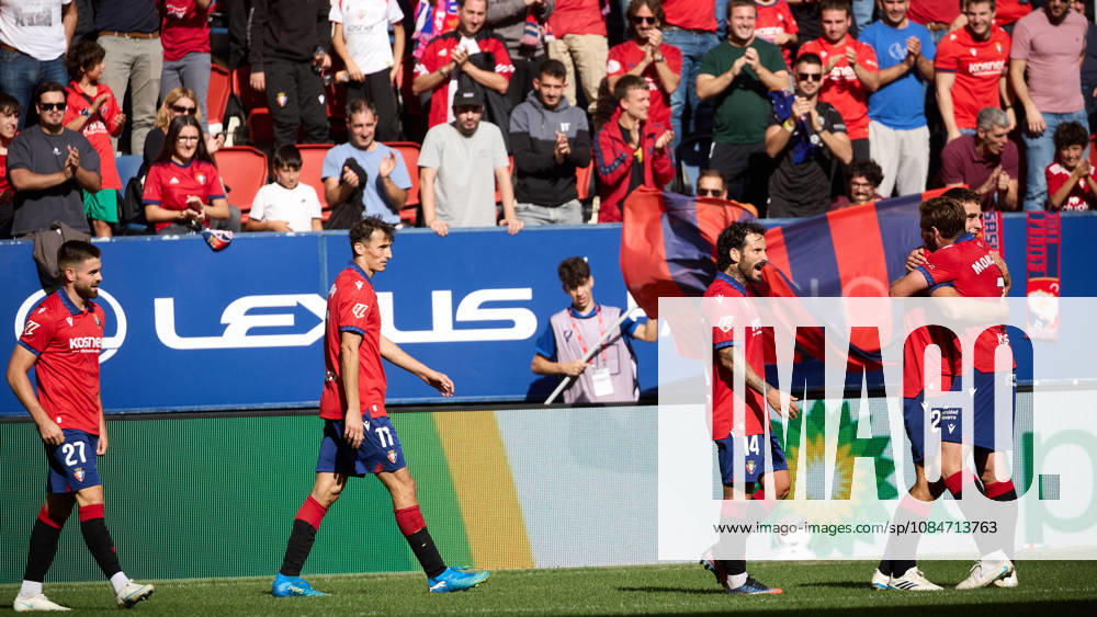 LaLiga EA Sports 2026-27 CA Osasuna vs. Racing de Santander: Inigo Arguibide 27 OSA L, Ante Budimir 17 OSA, Rubén García 14 OSA, Asier Osambela 29 OSA and Jon Moncayola 7 OSA R celebrate the goal scored by Asier Osambela 29 OSA for CA Osasuna (2–0) during the LaLiga EA Sports soccer match between CA Osasuna and Racing de Santander played at El Sadar Stadium in Pamplona Spain on Oct. 18, 2026. Credit: Inigo Alzugaray, Agencia LOF, Pamplona, LaLiga EA Sports 2026, 27 CA Osasuna vs. Racing de Santander