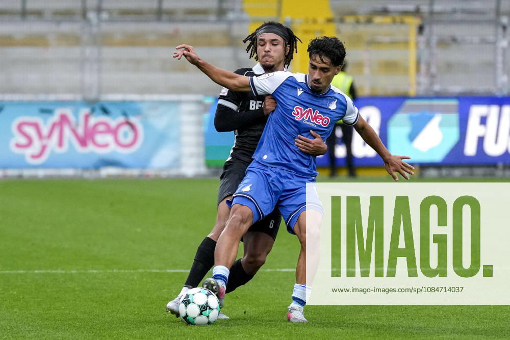 From left: Joshua Eze (Verl), 6; Yasin Zor (TSG II), 10; tackle, game scene, duel, tackle, tackling, dynamics, action, 18 10 2026, Sinsheim, Germany, soccer, 3rd Division, TSG 1899 Hoffenheim II vs. SC Verl, DFB and DFL regulations prohibit any use of photographs as image sequences and or quasi-video