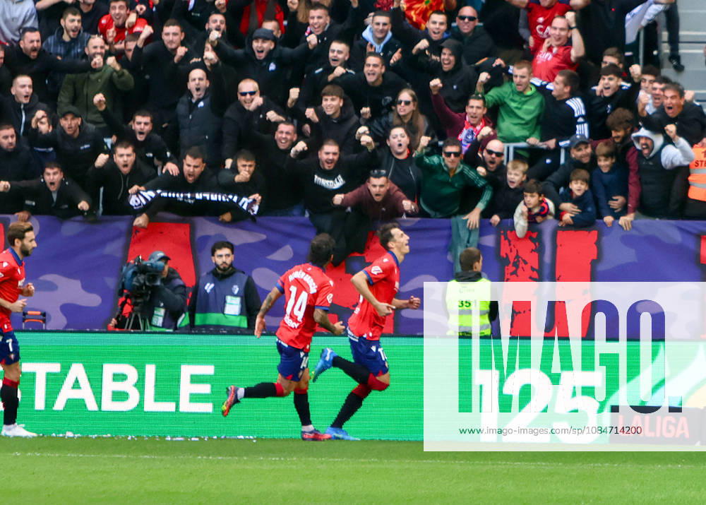 ESP LaLiga EA Sports Atlético Osasuna vs. Racing Santander: Osasuna s Ante Budimir scores a goal and celebrates during the LaLiga EA Sports match between Atlético Osasuna and Racing Santander, played at El Sadar Stadium in Pamplona on October 18, 2026, in Spain. Spanish Soccer