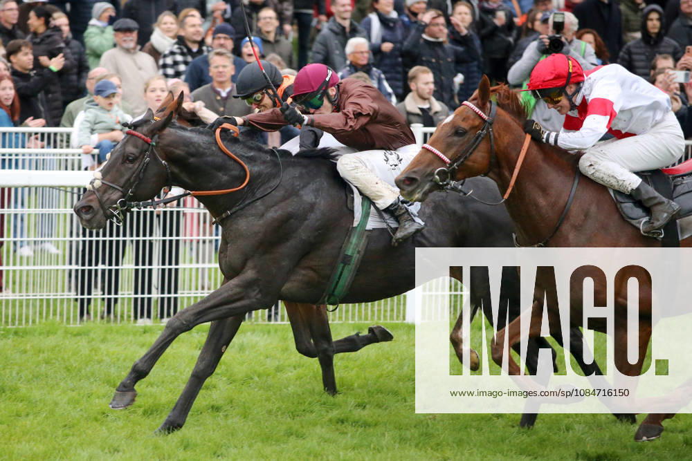 Iffezheim, Baden-Württemberg, GER Akido, ridden by Leon Wolff, wins the B A U Fall Trophy at the Baden-Baden Racetrack, Iffezheim Horse, Jockey, Akido, Wolff, Victory, Finish, Finish Line 261018B992IFFEZHEIM JPG