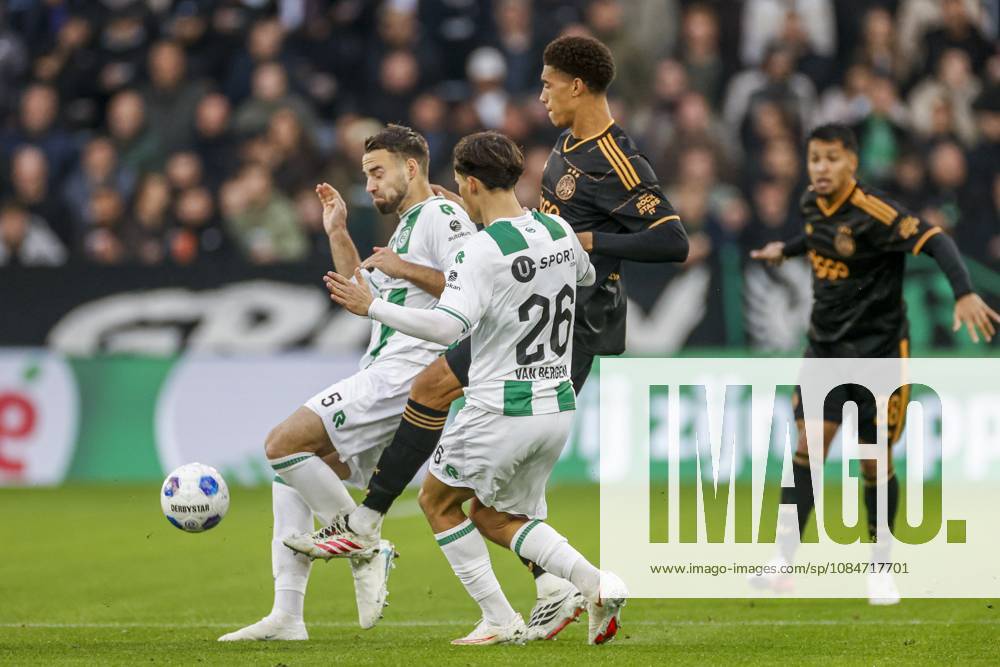 , Euroborg Stadium, season 2026 2027 , Dutch Eredivisie Football , match between FC Groningen and Ajax. Picture shows FC Groningen player Marco Rente, FC Groningen player Thom van Bergen, Ajax player Aaron Bouwman Groningen - Ajax x208697509x