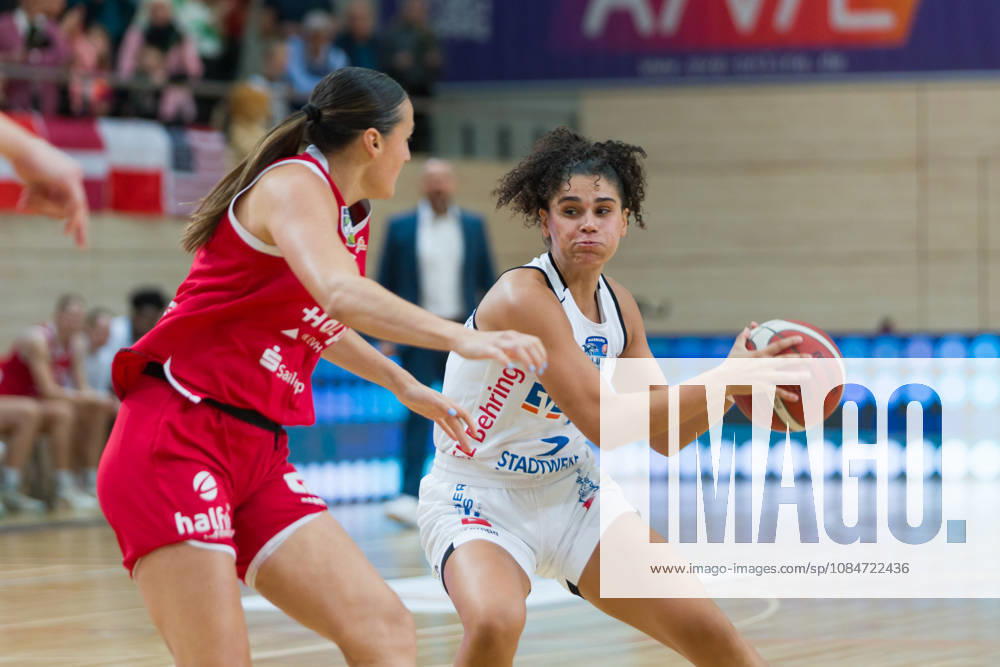 Alexia Allesch (Lions), 0; Sara Guerreiro (Marburg), 13; Halfit Lions vs. BC Marburg Blue Dolphins, Women s Basketball, 1st Bundesliga, DBBL, Matchday 3 of the 2026–27 season, October 18, 2026, SWH Arena, Halle, Saxony-Anhalt, Germany