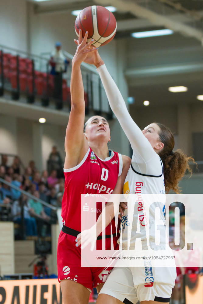 Alexia Allesch (Lions), 0; Amelia Sophia Hassett (Marburg), 22; Halfit Lions vs. BC Marburg Blue Dolphins, Women s Basketball, 1st Bundesliga, DBBL, Matchday 3 of the 2026–27 season, October 18, 2026, SWH Arena, Halle, Saxony-Anhalt, Germany
