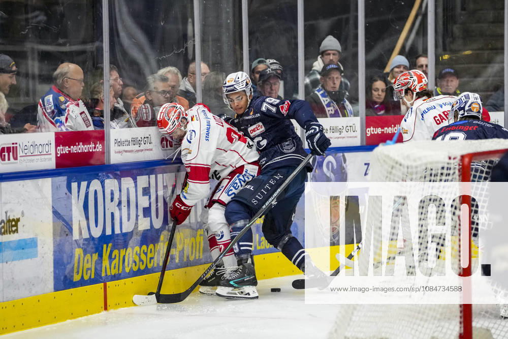 Battle for the Puck: A duel between Tim Lutz of the Eispiraten Crimmitschau, 22, and Ryan Odude of the Ravensburg Towerstars, 79, GER, Ravensburg Towerstars vs. Eispiraten Crimmitschau, ice hockey, DEL2 regular season, Matchday 10, 2026–2027 season, October 18, 2026, GER, Ravensburg Towerstars vs. Eispiraten Crimmitschau, Ice Hockey, DEL2 Regular Season, Matchday 10, 2026–2027 Season, October 18, 2026, Ravensburg