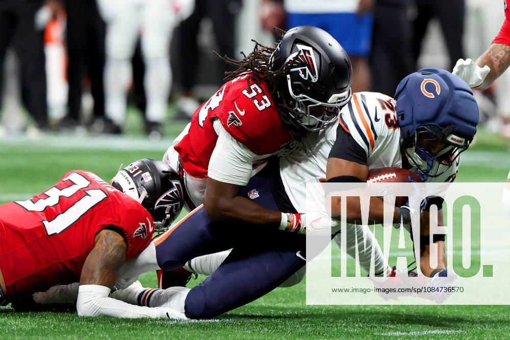 ATLANTA, GA - OCTOBER 18: Xavier Watts (31) of the Atlanta Falcons and Kendal Daniels (53) tackle Roschon Johnson (23) of the Chicago Bears during the Sunday afternoon NFL, American Football Herren, USA game between the Atlanta Falcons and the Chicago Bears on October 18, 2026 at the Mercedes-Benz Stadium in Atlanta, GA. (Photo by David J. Griffin Icon Sportswire) NFL: OCT 18 Bears at Falcons Icon9532610180099