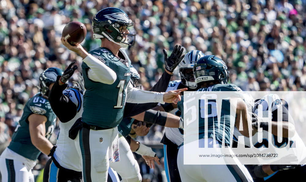 Oct 18, 2026; Philadelphia, PA, USA; Philadelphia Eagles quarterback Tanner McKee (16) throws a pass during the NFL, American Football Herren, USA football matchup between the Carolina Panthers and Philadelphia Eagles during the NFL football matchup between the Carolina Panthers and Philadelphia Eagles at Lincoln Financial Field. Mandatory Credit: -Cal Media NFL 2026: Panthers Vs Eagles OCT 18 - ZUMAcs17 20261018_faf_cs17_012
