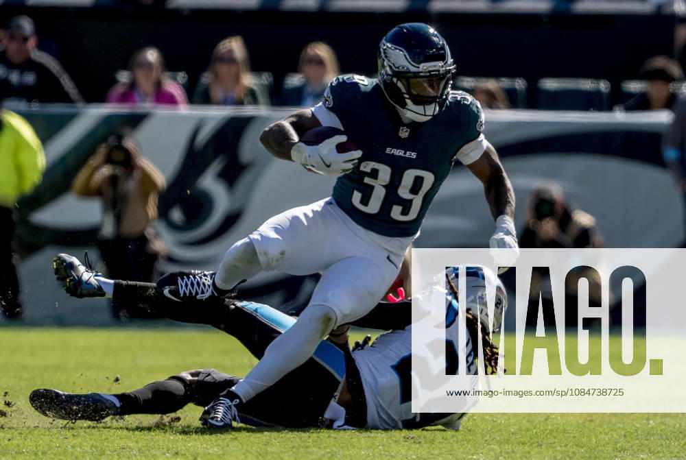 Oct 18, 2026; Philadelphia, PA, USA; Philadelphia Eagles running back Dameon Pierce (39) runs over Carolina Panthers cornerback Will Lee III (24) on a run during the NFL, American Football Herren, USA football matchup between the Carolina Panthers and Philadelphia Eagles during the NFL football matchup between the Carolina Panthers and Philadelphia Eagles at Lincoln Financial Field. Mandatory Credit: -Cal Media NFL 2026: Panthers Vs Eagles OCT 18 - ZUMAcs17 20261018_faf_cs17_013