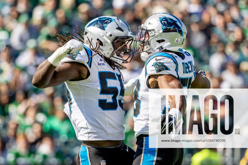 Carolina Panthers linebacker Devin Lloyd (55) and inside linebacker Bobby Okereke (58) celebrate after they sacked Philadelphia Eagles quarterback Tanner McKee (16) in the first quarter of NFL, American Football Herren, USA action at Lincoln Financial Field in Philadelphia, Pennsylvania on Sunday, October 18, 2016. PHI20261018004 LAURENCExKESTERSON