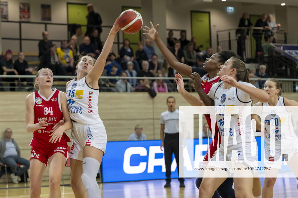 Toyota DBBL 2026–2027 HalFit Lions vs. BC Marburg, Halle an der Saale, Germany, October 18, 2026. Pictured, from left: Lilly Kueppers (Halle), Julia Vydrova (Marburg), Khalis Cain (Halle), and Lilly Meister (Marburg), Halle an der Saale, swh Arena, Saxony-Anhalt, Germany