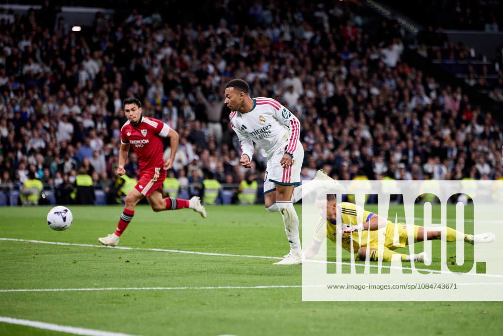 Kylian Mbappe of Real Madrid CF scoring a goal during La Liga football match between Real Madrid CF and Sevilla at Santiago Bernabeu Stadium in Madrid, Spain, October 18, 2026 Soccer 2026: Real Madrid CF Vs Sevilla - ZUMAa206 20261018_zsp_a206_053