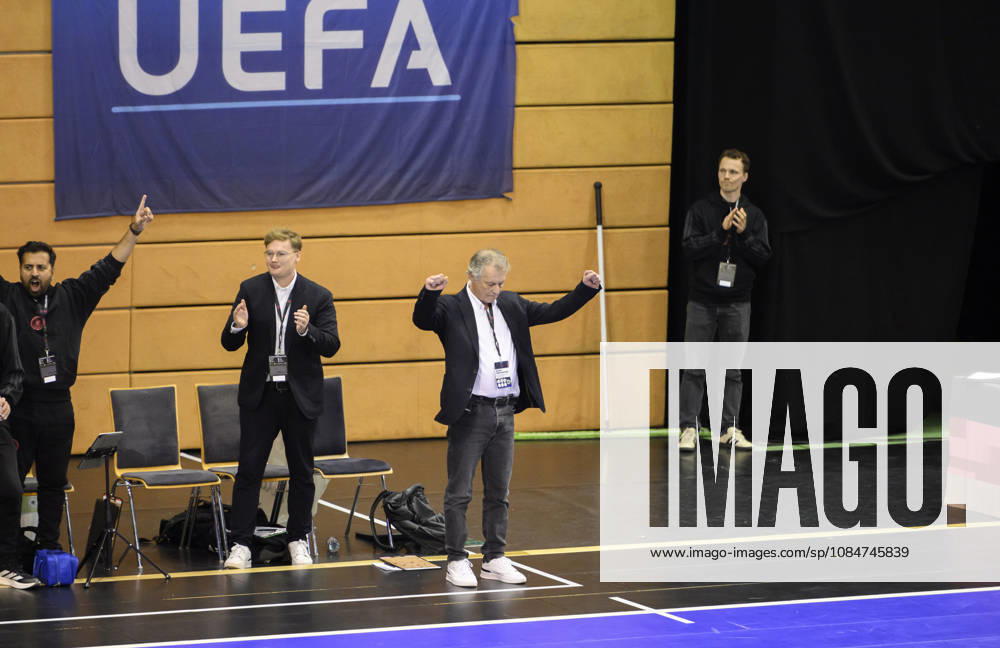 Celebration at the final whistle by national team coach Marcel Loosveld during the Futsal World Cup qualifying match between Germany and Lithuania (4–2) on October 18, 2026, at the Westenergie Sporthalle in Mülheim an der Ruhr, Germany
