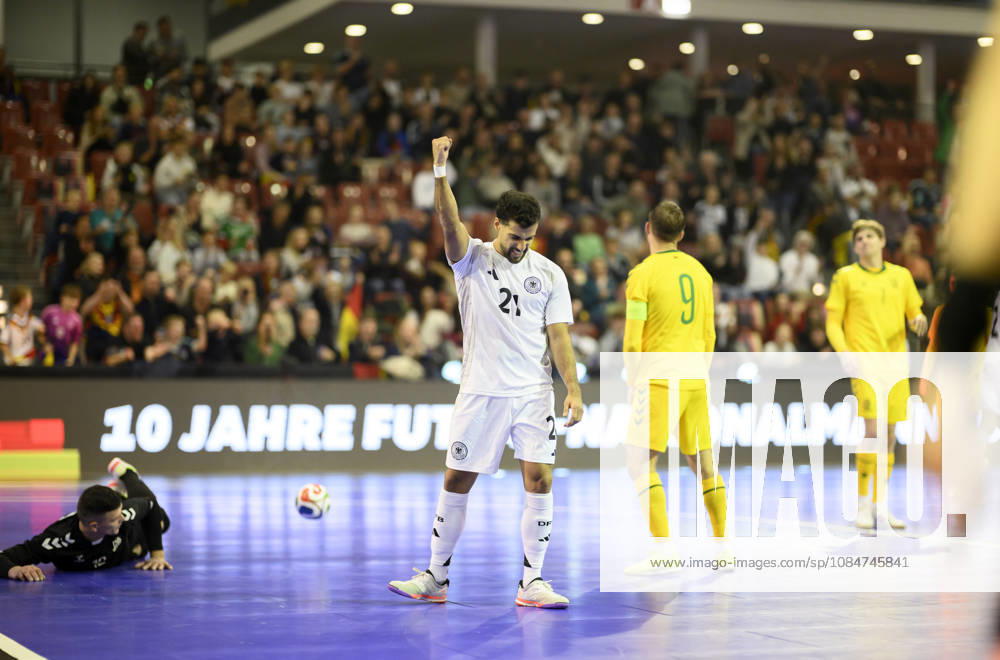 Matias Block (GER) celebrates after scoring a goal in the Futsal World Cup qualifying match between Germany and Lithuania (4–2) on October 18, 2026, at the Westenergie Sporthalle in Mülheim an der Ruhr, Germany