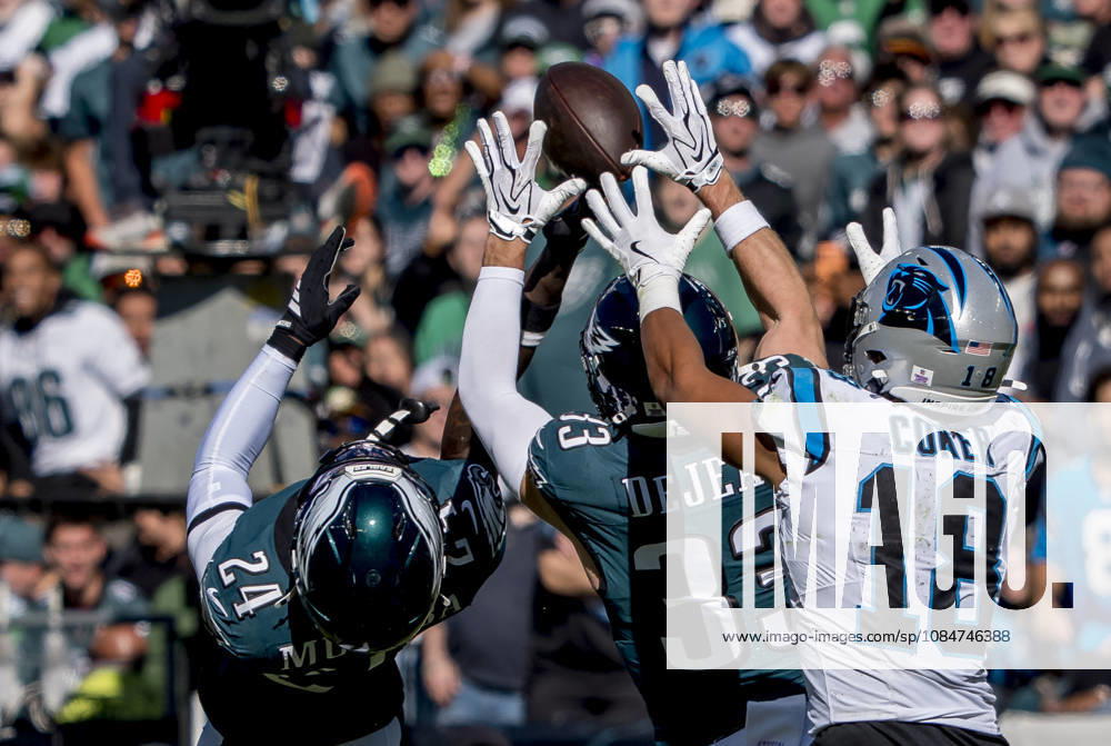 Oct 18, 2026; Philadelphia, PA, USA; Philadelphia Eagles safety Andrew Mukuba (24) and Philadelphia Eagles cornerback Cooper DeJean (33) go up to intercept the pass while Carolina Panthers wide receiver Jalen Coker (18) also tries to make a catch during the NFL, American Football Herren, USA football matchup between the Carolina Panthers and Philadelphia Eagles at Lincoln Financial Field. The Panthers defeated the Eagles 25-14.Mandatory Credit: -Cal Media Philadelphia USA - ZUMAcs17 20261018_faf_cs17_040