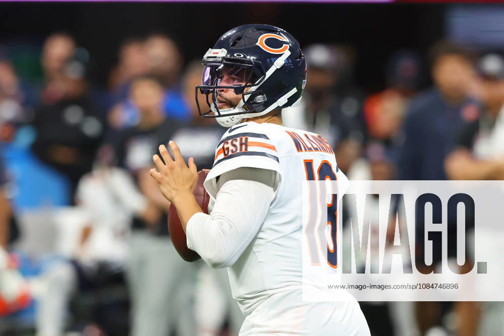 ATLANTA, GA - OCTOBER 18: Caleb Williams (18) of the Chicago Bears drops back to pass during the Sunday afternoon NFL, American Football Herren, USA game between the Atlanta Falcons and the Chicago Bears on October 18, 2026 at the Mercedes-Benz Stadium in Atlanta, GA. (Photo by David J. Griffin Icon Sportswire) NFL: OCT 18 Bears at Falcons Icon9532610180743