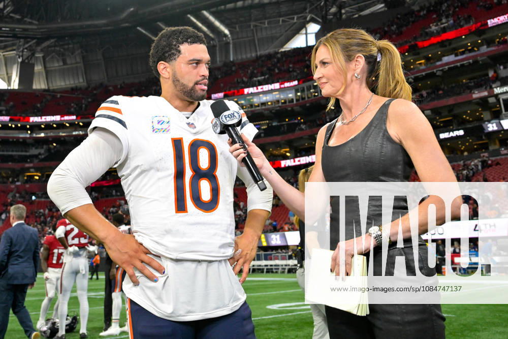ATLANTA, GA - OCTOBER 18: Chicago quarterback Caleb Williams (18) is interviewed by Fox Sports Erin Andrews following the conclusion of the NFL, American Football Herren, USA game between the Chicago Bears and the Atlanta Falcons on October 18th, 2026 at Mercedes-Benz Stadium in Atlanta, GA. (Photo by Rich von Biberstein Icon Sportswire) NFL: OCT 18 Bears at Falcons Icon261018020