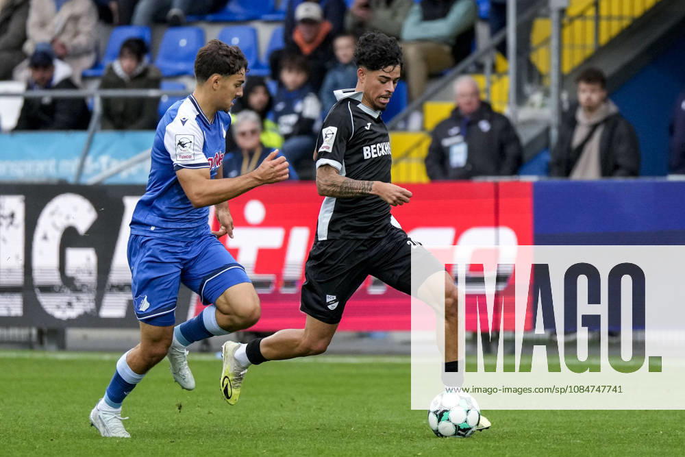 V li Sean Dulic TSG II, 3, Andre Leipold Verl, 20, tackle, game scene, duel, tackle, tackling, dynamics, action, 10 18 2026, Sinsheim, Germany, soccer, 3rd League, TSG 1899 Hoffenheim II vs. SC Verl, DFB and DFL regulations prohibit any use of photographs as image sequences and or quasi-video