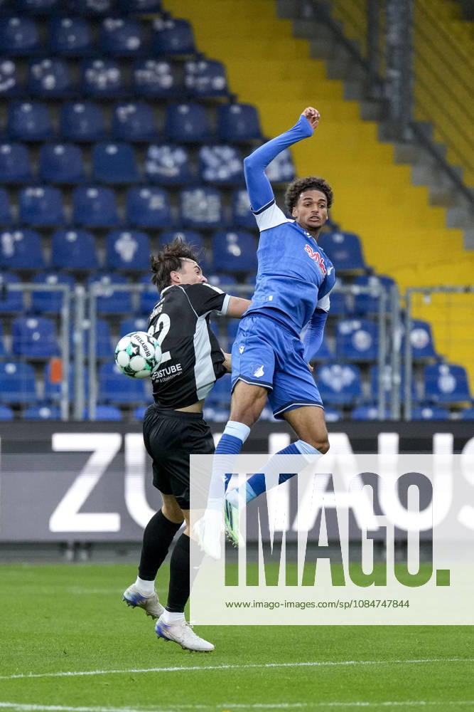 From left: Noah König (Verl), 22; Jykese Fields (TSG II), 11; tackle, game scene, duel, tackle, tackling, dynamics, action, 18 10 2026, Sinsheim, Germany, soccer, 3rd Division, TSG 1899 Hoffenheim II vs. SC Verl, DFB and DFL regulations prohibit any use of photographs as image sequences and or quasi-video