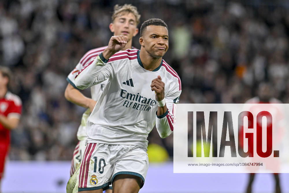 10 KYLIAN MBAPPE of Real Madrid CF celebrates a goal during the match on Matchday 9 of the 2026-27 National League First Division Championship between REAL MADRID C.F. and SEVILLA FC, played at the Bernabeu Stadium on October 17, 2026, in Madrid, Spain. REAL MADRID C.F. Vs. SEVILLA FC - 2026 27 National League First Division Championship 10.18.26 - ZUMAc312 20261018_zsp_c312_102
