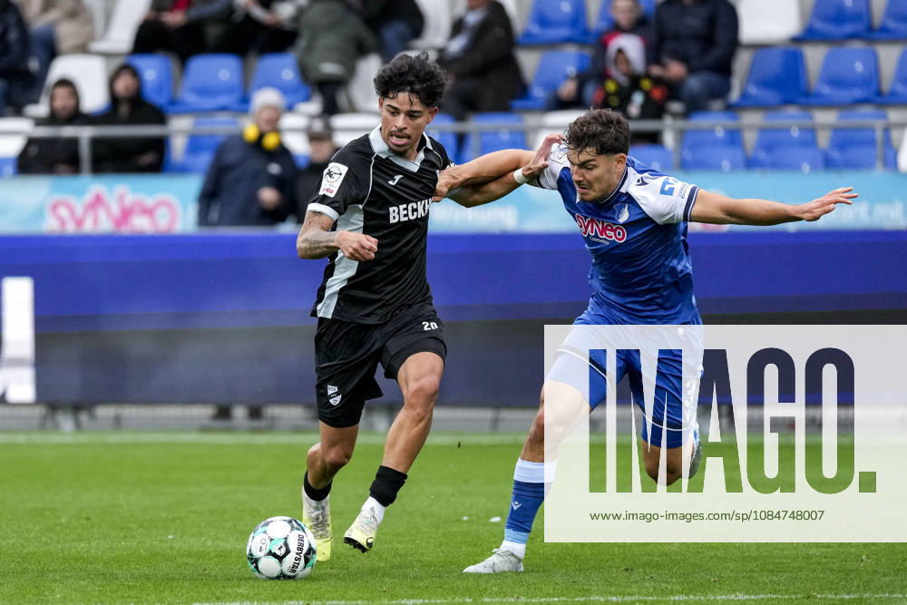 From left: Andre Leipold (Verl), 20; Sean Dulic (TSG II), 3; tackle, game scene, duel, tackle, tackling, dynamism, action, 10 18 2026, Sinsheim, Germany, soccer, 3rd League, TSG 1899 Hoffenheim II vs. SC Verl, DFB and DFL regulations prohibit any use of photographs as image sequences and or quasi-video