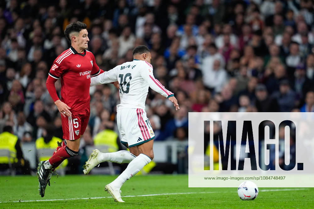 Kylian Mbappe of Real Madrid CF and Andres Castrin of Sevilla FC compete for the ball during the Spanish League, LaLiga EA Sports, football match between Real Madrid and Sevilla FC at Bernabeu stadium on October 18, 2026, in Madrid, Spain. Real Madrid V Sevilla FC - LaLiga EA Sports - ZUMAa181 20261018_zaa_a181_428