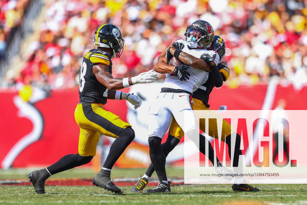 Tampa Bay Buccaneers wide receiver EMEKA EGBUKA (2) is tackled by Pittsburgh Steelers cornerback ASANTE SAMUEL JR. (22) during an NFL, American Football Herren, USA football game between the Pittsburgh Steelers and the Tampa Bay Buccaneers on Sunday, October 18, 2026, at Raymond James Stadium in Tampa, Florida. Tampa USA - ZUMAs335 20261018_znp_s335_023