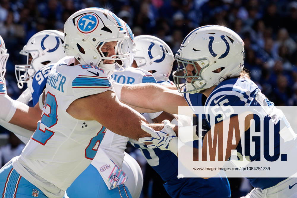 Indianapolis, Indiana, U.S: Tennessee Titans tight end Daniel Bellinger (82) and Indianapolis Colts defensive lineman Caden Curry (55) match up on a play during the game between the Tennessee Titans and the Indianapolis Colts at Lucas Oil Stadium, Indianapolis, Indiana. Indianapolis U.S - ZUMAs304 20261018_zaf_s304_036