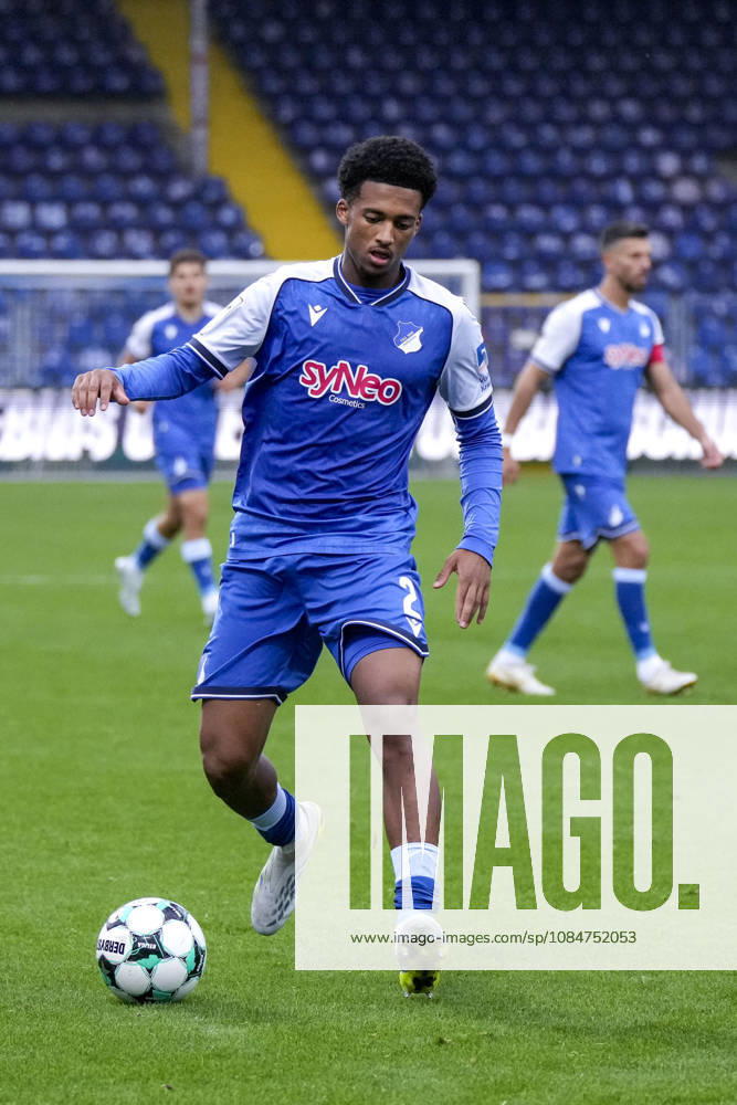 Natnael Abraha TSG II, 2, on the ball, isolated figure, full-body shot, single frame, single photo, action, October 18, 2026, Sinsheim, Germany, soccer, 3rd Division, TSG 1899 Hoffenheim II vs. SC Verl, DFB and DFL regulations prohibit any use of photographs as image sequences and or quasi-video