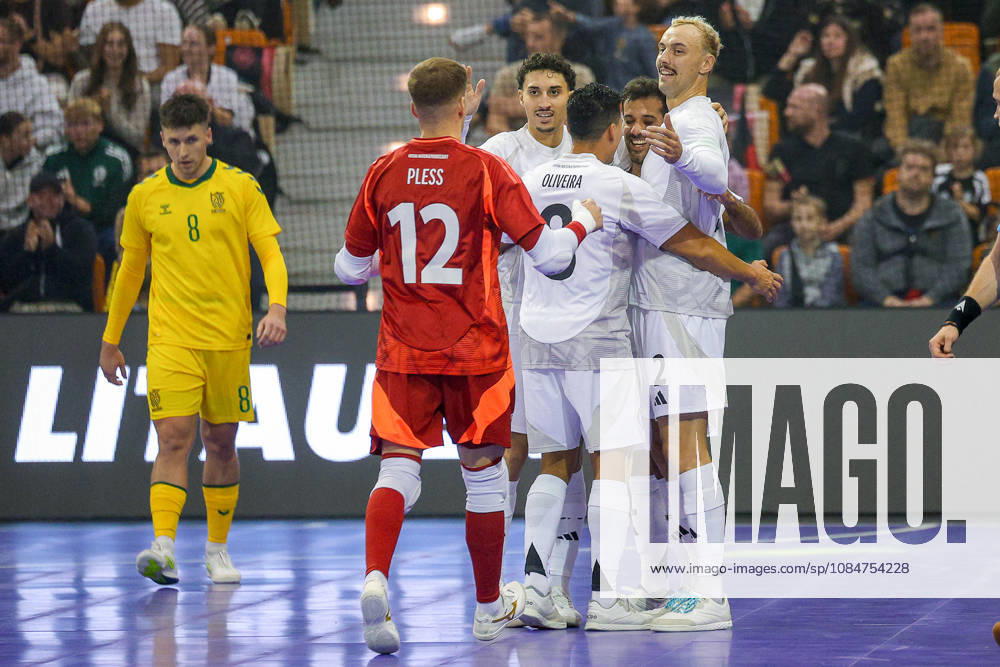 Futsal, World Cup Qualifiers, Germany vs. Lithuania, Westenergie Sports Hall, Mülheim an der Ruhr, 2026–2027 season. Goal celebration after the 1–0 goal scored by Matias Block (Germany 21) alongside Christopher Wittig (Germany 02), Goalkeeper Philipp Pless (Germany 12), Gabriel Oliveira (Germany 08). DFB regulations prohibit any use of photographs as image sequences and or quasi-video. North Rhine-Westphalia, Germany