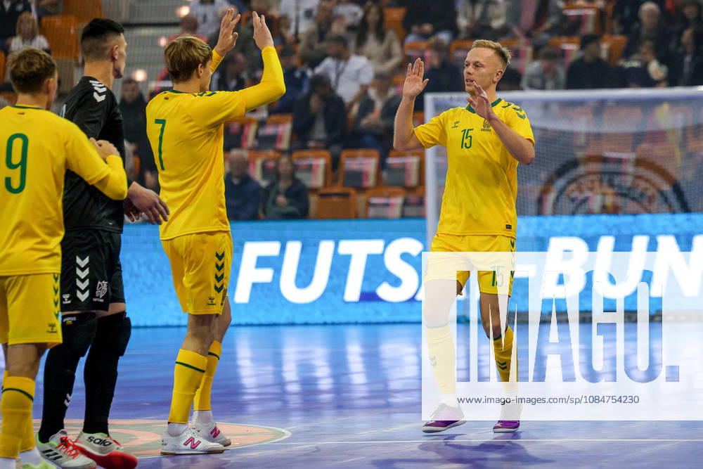 Futsal, World Cup Qualifier, Germany vs. Lithuania, Westenergie Sports Hall, Mülheim an der Ruhr, 2026–2027 Season: Goal celebration after the 1–1 goal by scorer Paulius Osauskas (Lithuania 17), together with Benas Spietinis (Lithuania 07) and Justinas Zagurskas (Lithuania 09). DFB regulations prohibit any use of photographs as image sequences and or quasi video in North Rhine-Westphalia, Germany