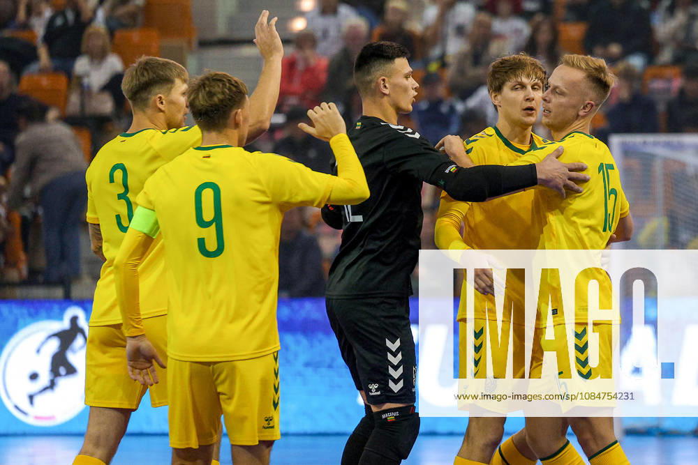 Futsal, World Cup Qualifier, Germany vs. Lithuania, Westenergie Sports Hall, Mülheim an der Ruhr, 2026–2027 Season: Goal celebration after the 1–1 goal by scorer Paulius Osauskas (Lithuania 17), together with Benas Spietinis (Lithuania 07) and Justinas Zagurskas (Lithuania 09). DFB regulations prohibit any use of photographs as image sequences and or quasi video in North Rhine-Westphalia, Germany