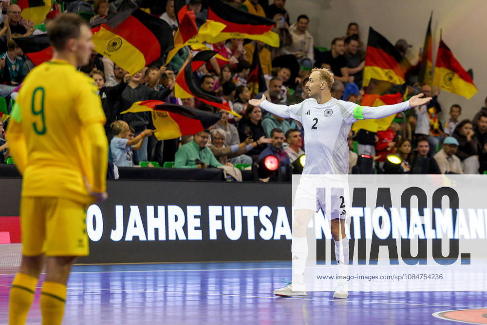 Futsal, World Cup Qualifier, Germany vs. Lithuania, Westenergie Sports Hall, Mülheim an der Ruhr, 2026–2027 season: Goal celebration with arms outstretched after the 2–2 goal by scorer Christopher Wittig (Germany 02), together with the fans in the arena. DFB regulations prohibit any use of photographs as image sequences and or quasi-video. North Rhine-Westphalia, Germany