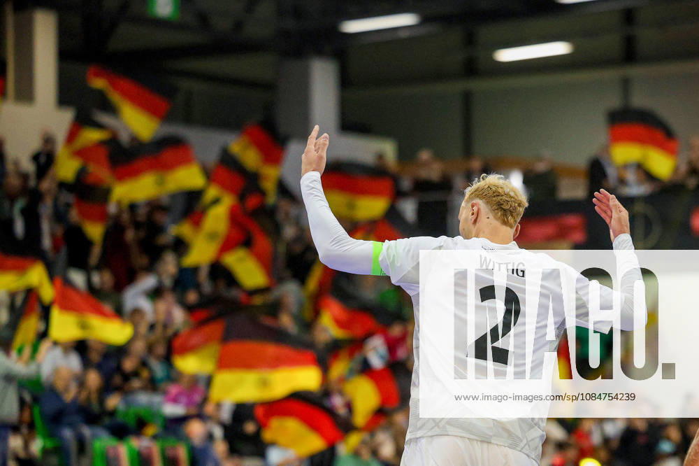 Futsal, World Cup Qualifier, Germany vs. Lithuania, Westenergie Sports Hall, Mülheim an der Ruhr, 2026–2027 Season: Celebrations after the 3–2 goal by scorer Christopher Wittig; Germany 02 fires up the crowd. DFB regulations prohibit any use of photographs as image sequences and or quasi-video. North Rhine-Westphalia, Germany