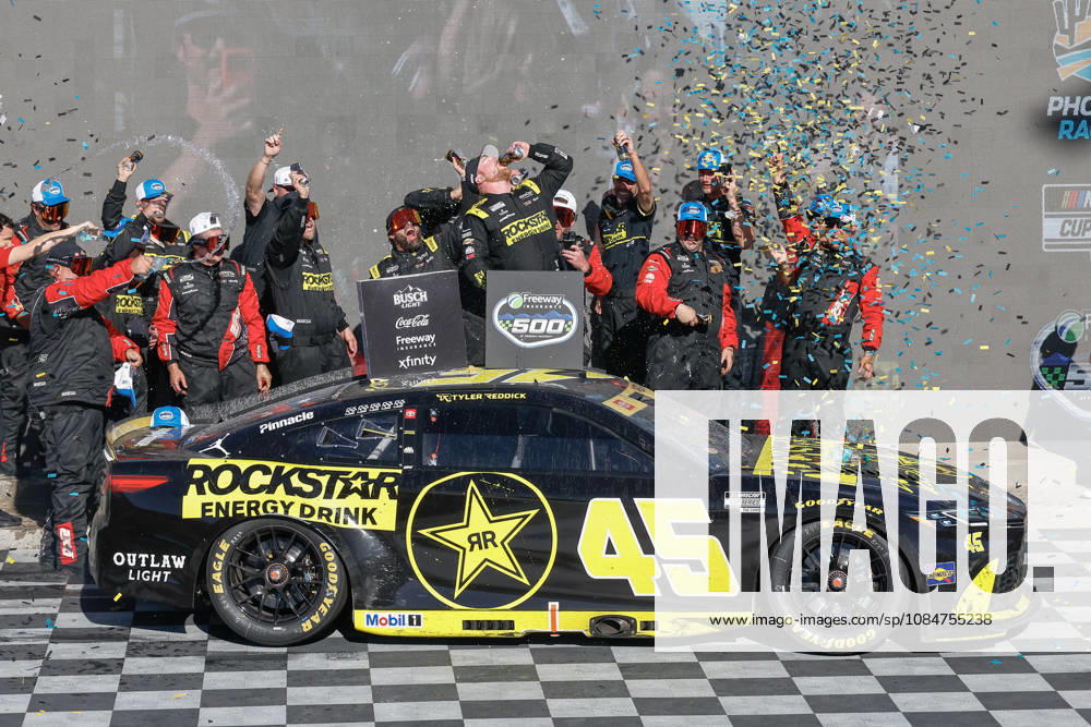 AVONDALE, AZ - OCTOBER 18: Tyler Reddick ( 45 23XI Racing ROCKSTAR ENERGY DRINK Toyota) celebrates after winning the NASCAR, Motorsport, USA Cup Series Playoffs Freeway Insurance 500 on October 18, 2026, at Phoenix Raceway in Avondale, AZ. (Photo by Kevin Abele Icon Sportswire) AUTO: OCT 18 NASCAR Cup Series Playoffs Freeway Insurance 500 Icon261018009500
