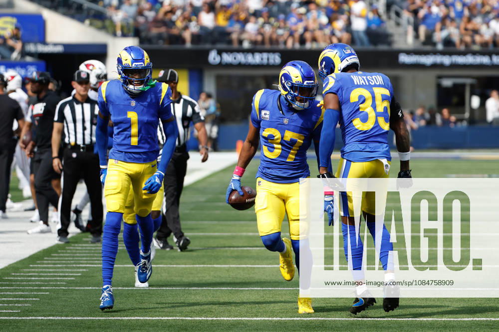 INGLEWOOD, CA - OCTOBER 18: Los Angeles Rams safety Quentin Lake (37) celebrates after and interception during the NFL, American Football Herren, USA game between the Arizona Cardinals and the Los Angeles Rams on October 18, 2026, at SoFi Stadium in Inglewood, CA. (Photo by Jevone Moore Icon Sportswire) NFL: OCT 18 Cardinals at Rams Icon2610182865