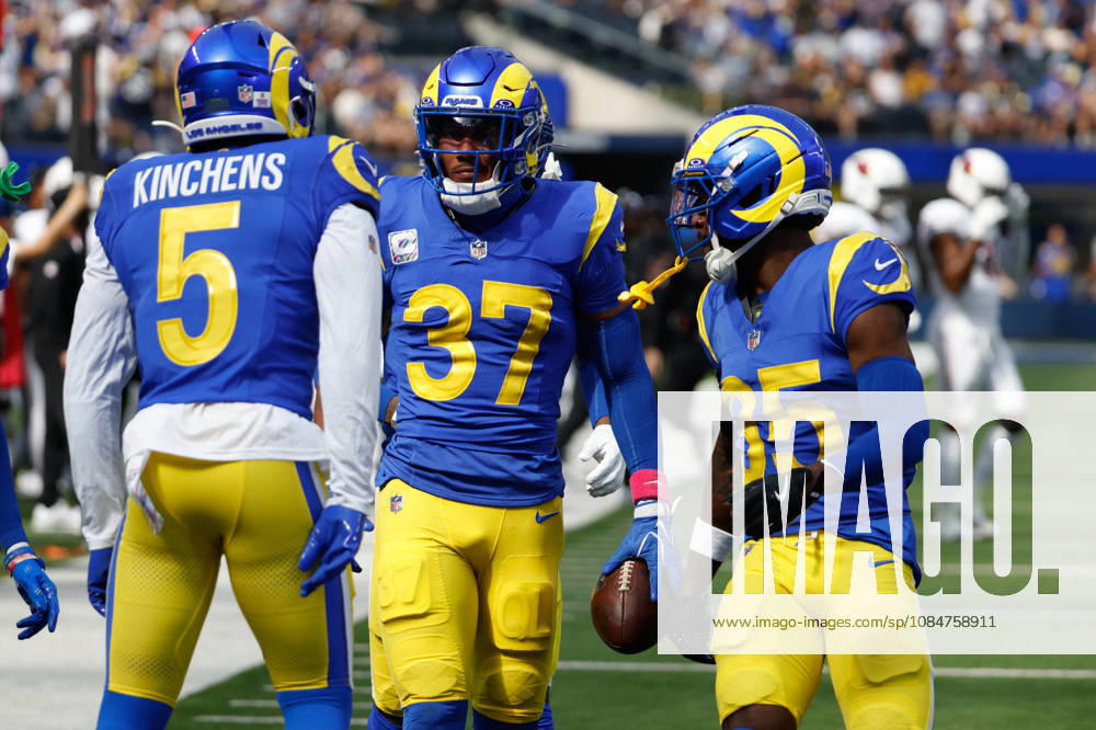 INGLEWOOD, CA - OCTOBER 18: Los Angeles Rams safety Quentin Lake (37) celebrates after and interception during the NFL, American Football Herren, USA game between the Arizona Cardinals and the Los Angeles Rams on October 18, 2026, at SoFi Stadium in Inglewood, CA. (Photo by Jevone Moore Icon Sportswire) NFL: OCT 18 Cardinals at Rams Icon2610182866